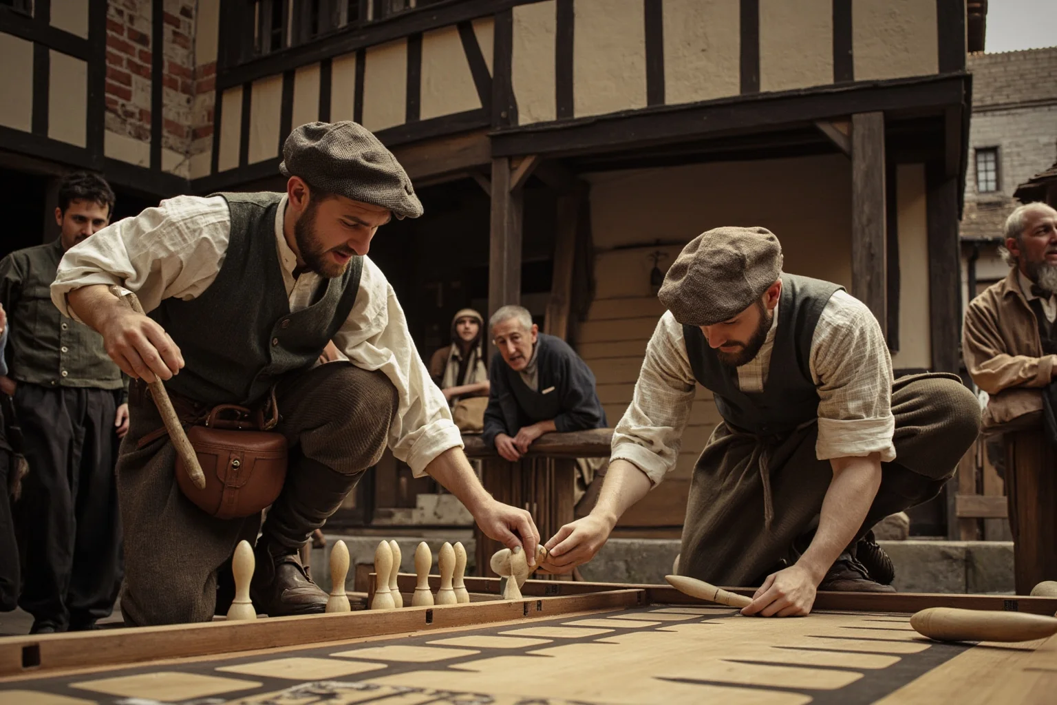Medieval villagers playing a game of skittles with wooden pins outside a tavern