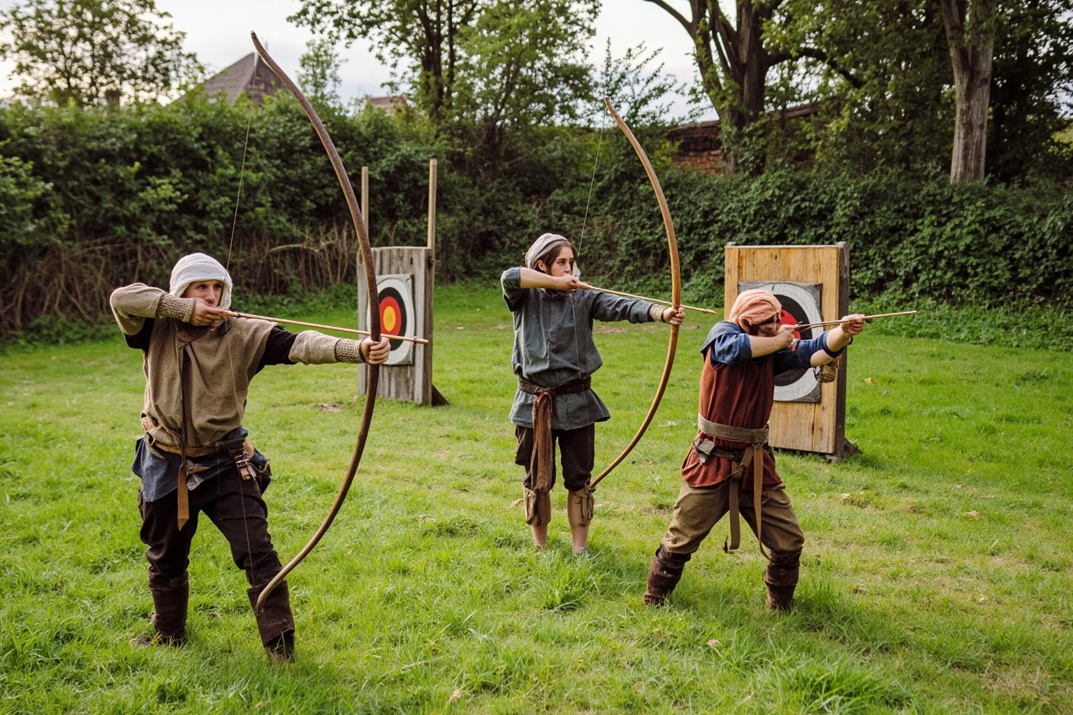 Medieval villagers practicing archery with longbows at wooden targets on a village green