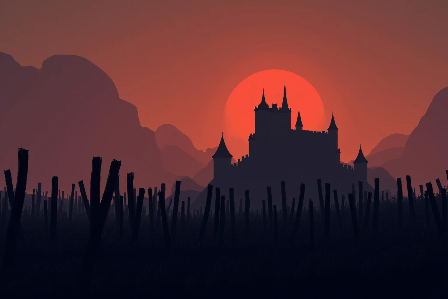 10 of History's Most Evil People & 10 of Its Greatest Heroes 5 Medieval Wallachian castle silhouette at dusk with rows of wooden stakes in shadow, gothic history illustration