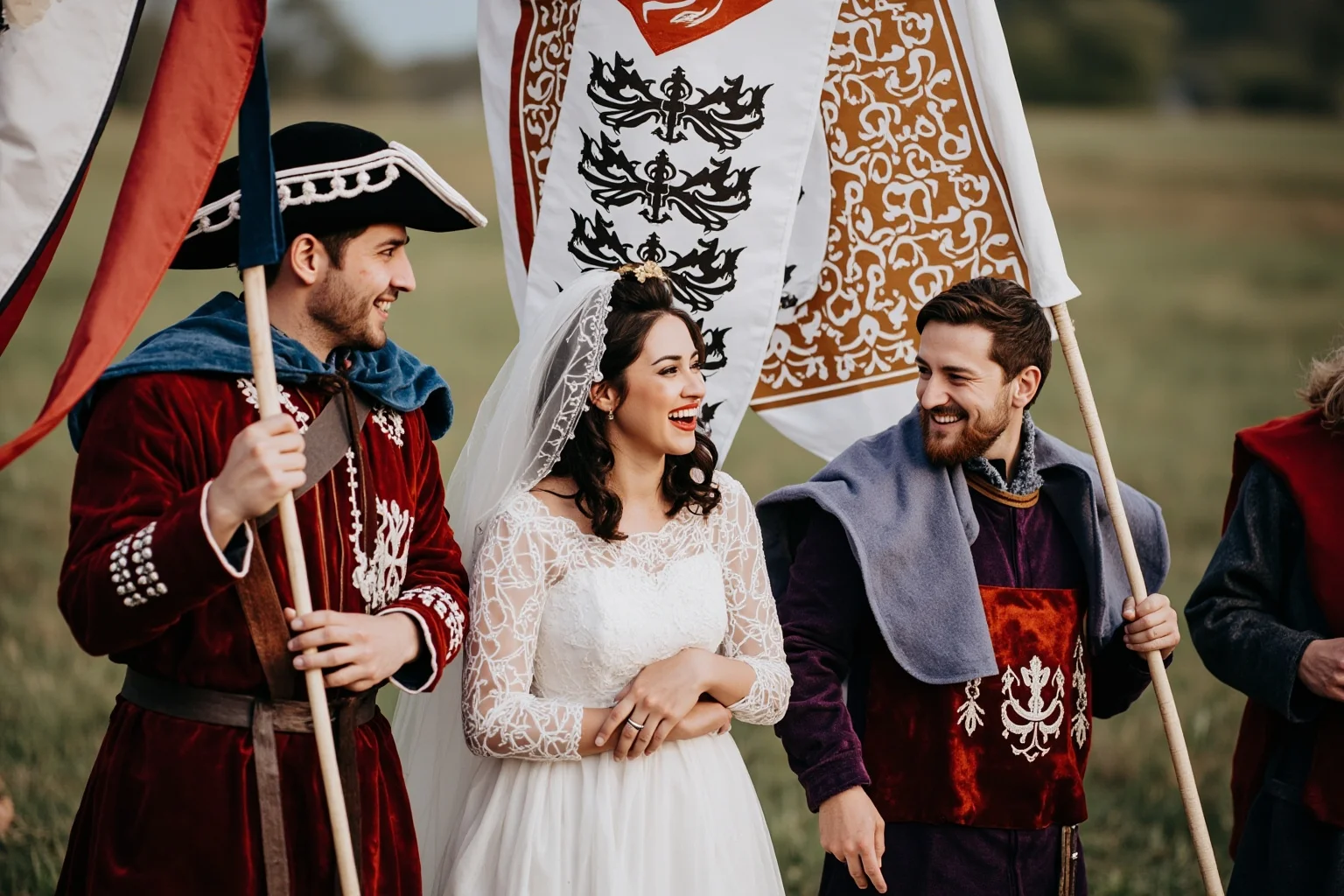 Medieval wedding ceremony with bride in white dress and groom in royal regalia, two heraldic banners displaying rival house symbols above them