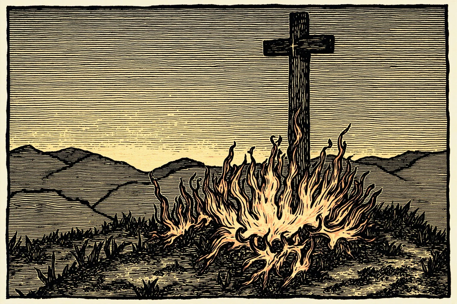 Public Executions Were Once The Most Attended Events In Town — Here's What That Says About Us 12 Medieval woodcut style illustration of flames and a stake structure at dusk, symbolic and non-graphic