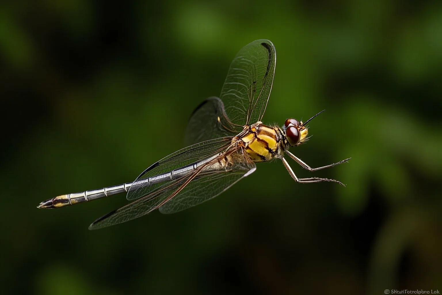 Meganeura giant dragonfly in flight among Carboniferous trees and ferns, showing its impressive wingspan