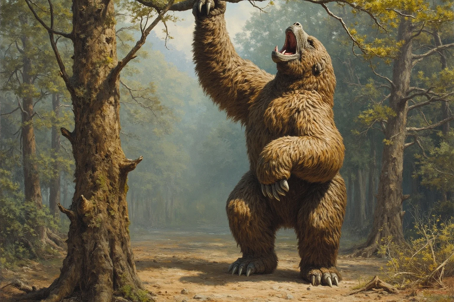 Megatherium giant ground sloth reared up on hind legs reaching tree branches, showing its impressive height