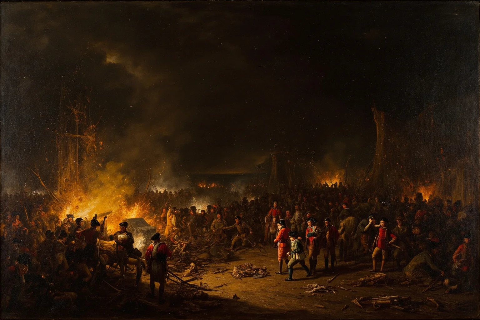 Memorable Moments Of Friendly Fire Throughout History 2 A dramatic painterly illustration of a chaotic nighttime military camp in disarray, torches and confusion, 18th-century style, no real identifiable figures