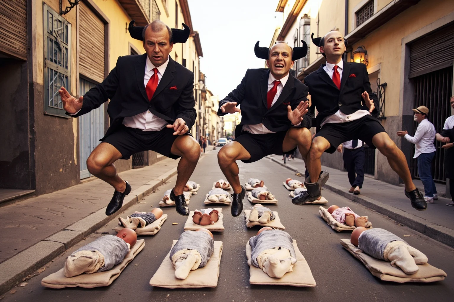 Men dressed as devils leaping over rows of infants laid on mattresses in a Spanish village street