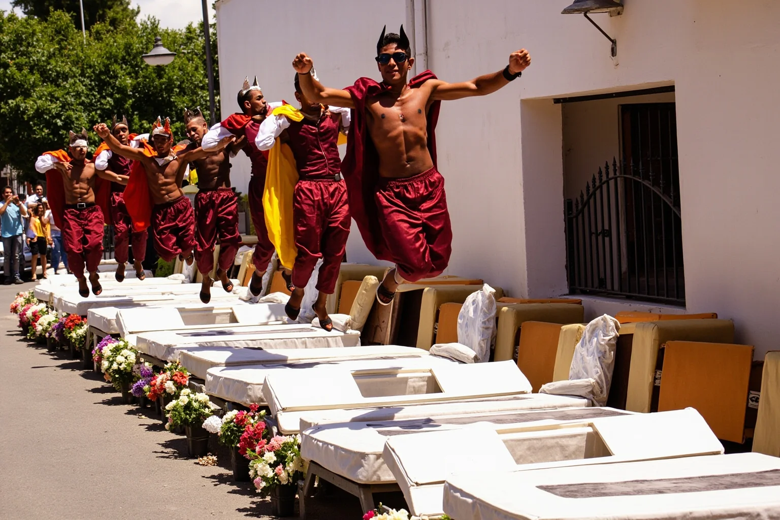 Men in devil costumes leaping over a row of mattresses lined with flowers in a sunny Spanish village street
