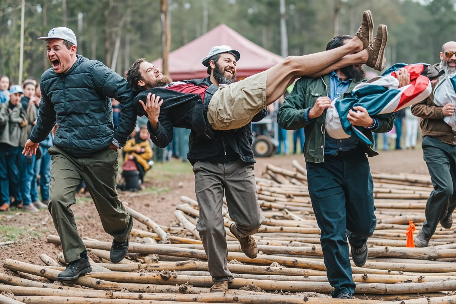 Men racing through an obstacle course while carrying partners in a humorous Finnish competition