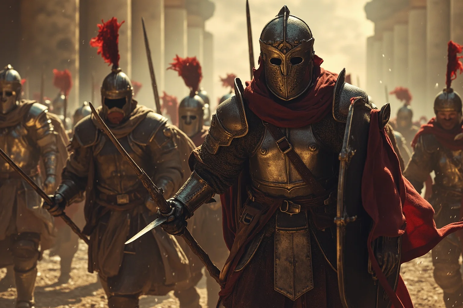 22 Most Notorious Knights From History: Heroes, Villains, and Legends 21 Mercenary knight in mismatched armor leading a ragged company through a Byzantine ruin