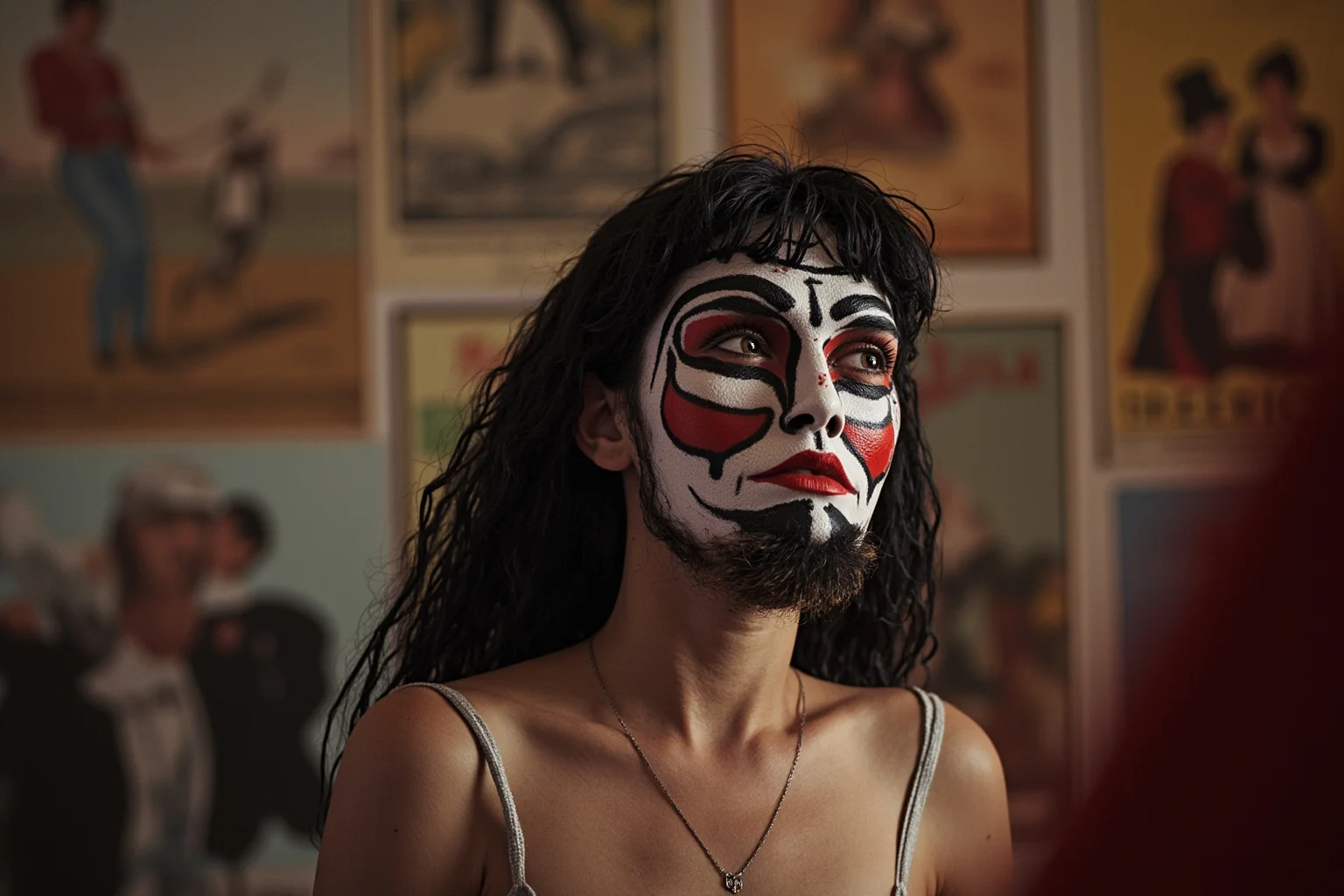 20 of History's Most Infamous 'Ugly' Figures — Myth vs. Reality 14 Mexican woman with rare hypertrichosis condition, excess facial hair, surrounded by Victorian circus equipment and exhibition posters, dated aesthetic