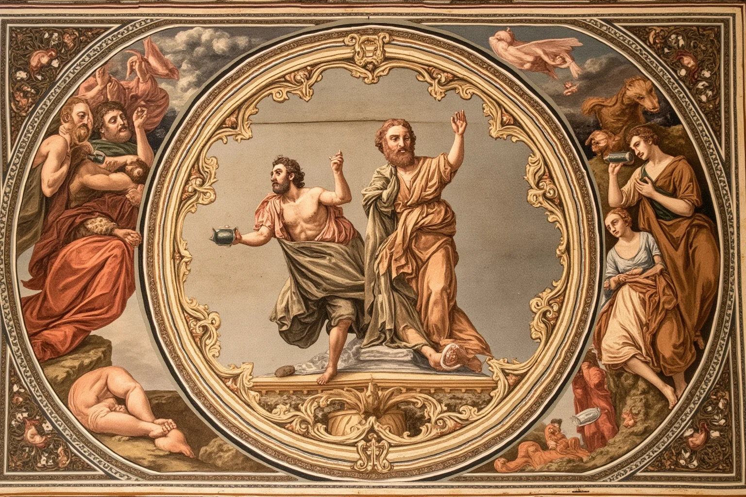 Michelangelo-style fresco fragment depicting biblical scene on a chapel ceiling