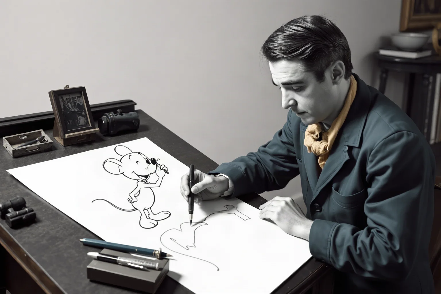 Mid-20th-century animator sketching a cartoon mouse character at a drafting table, illustrated style