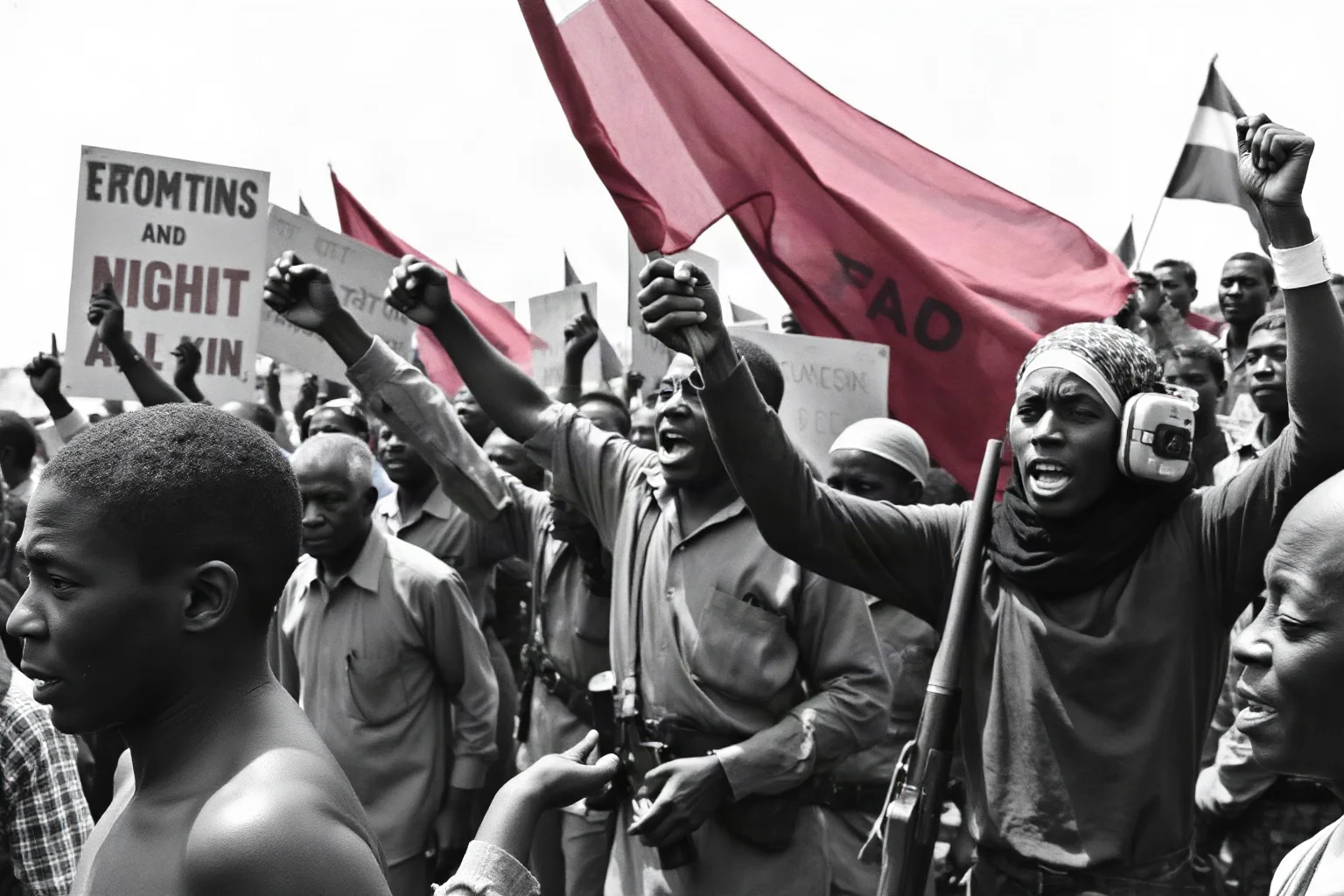Mid-20th century anti-colonial protest in an African or Asian colony, local resistance fighters opposing foreign extraction and exploitation