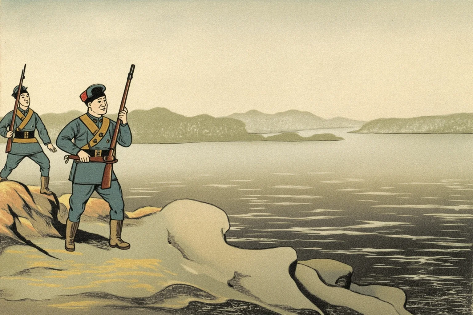 Wars That Lasted A Lot Longer Than You Thought 21 Mid-20th-century Chinese Nationalist and Communist soldiers on opposite sides of a river, historical illustration