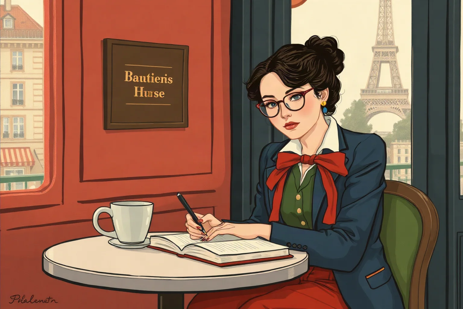 Mid-20th-century illustration of a French woman philosopher and writer at a Parisian cafe table with notebooks