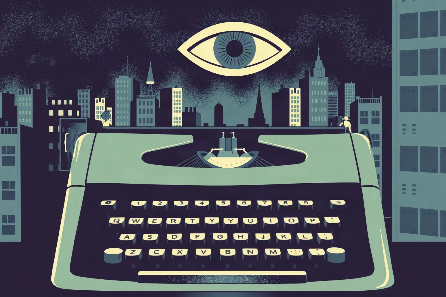 Mid-20th century illustration of a typewriter with a dystopian cityscape and looming watchful eye motif in the background