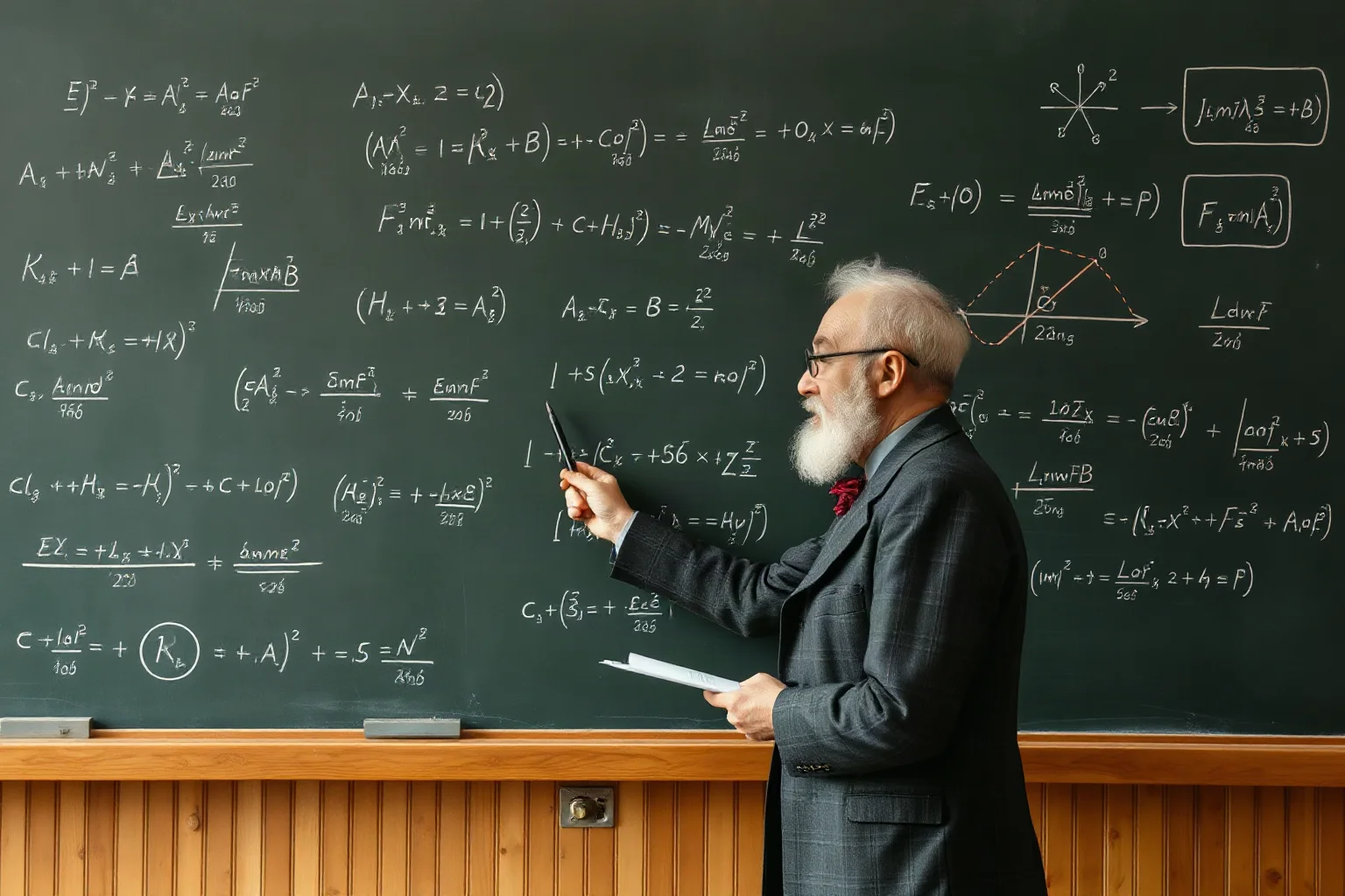 Mid-20th-century physicist at a chalkboard covered in complex equations, illustrated style