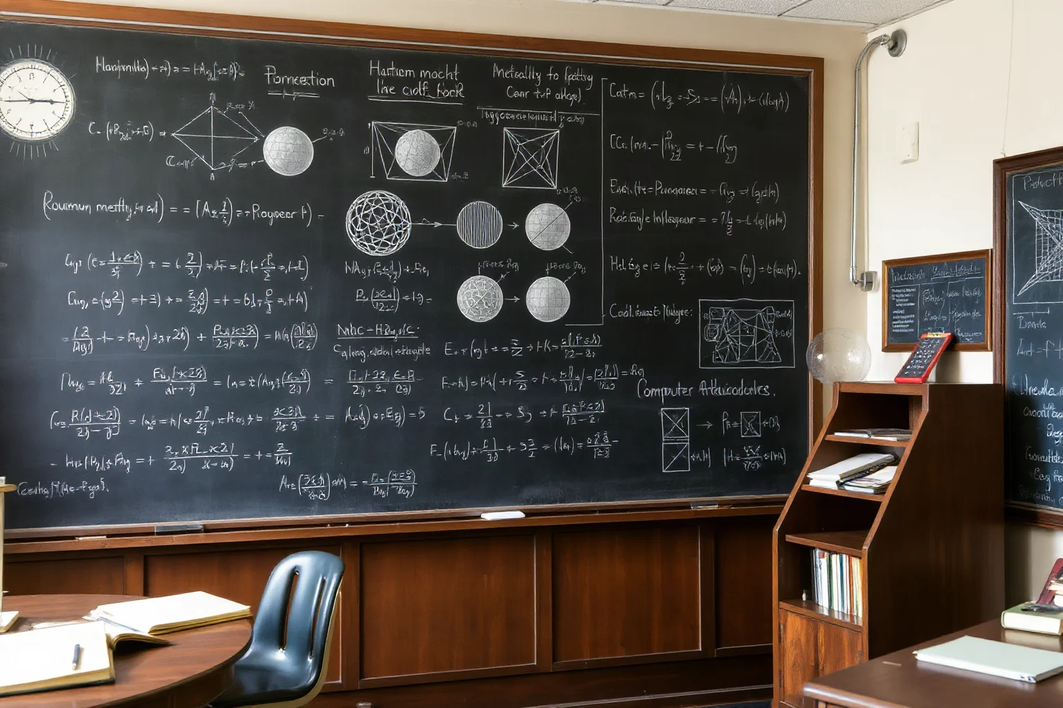 Mid-20th century physics laboratory with chalkboard filled with complex equations, quantum mechanics diagrams, and computer architecture schematics
