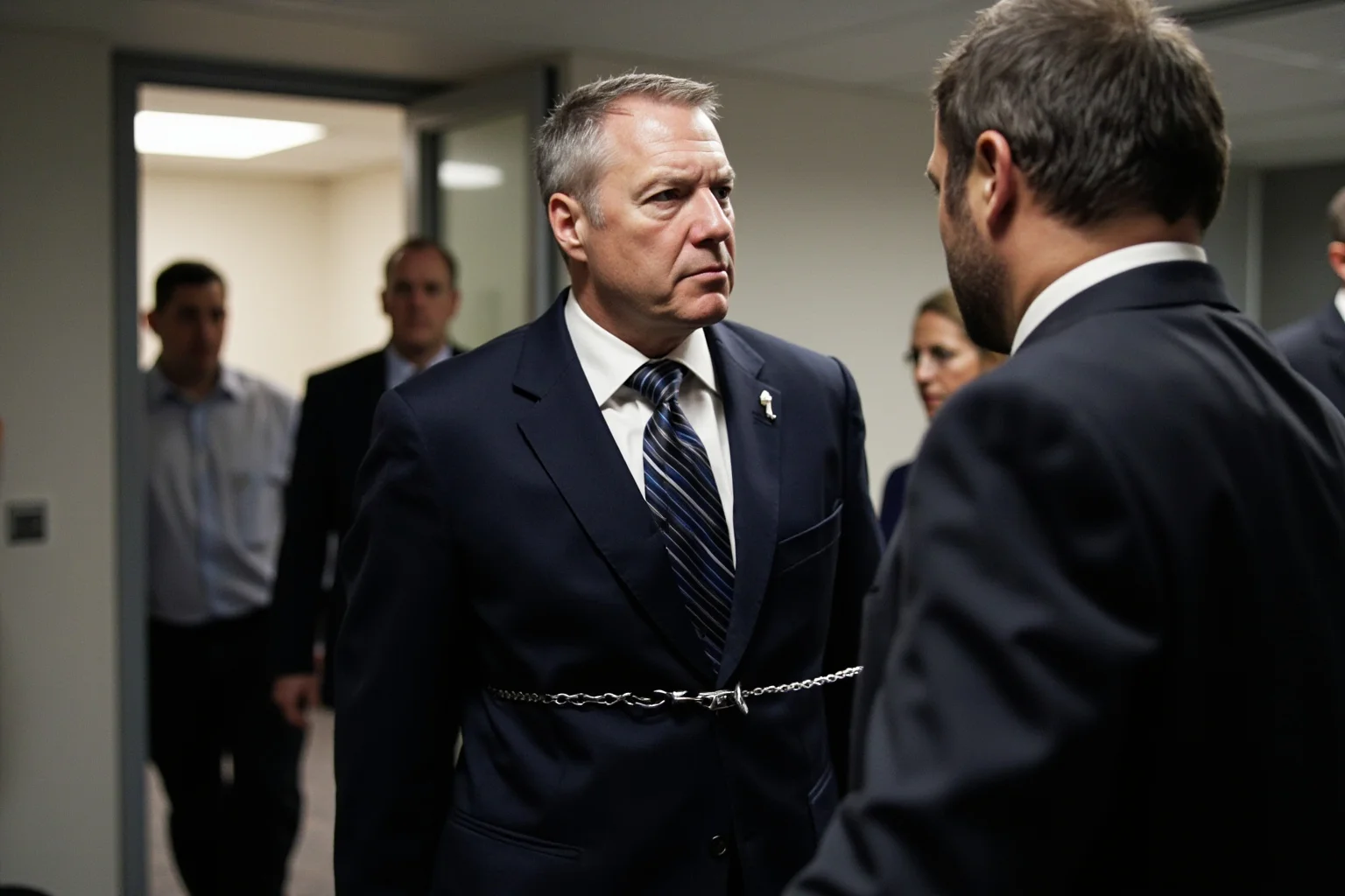 The Most Shameless Traitors of All Time 24 Middle-aged American intelligence officer in modern office setting arrested for espionage, handcuffs and federal agents present