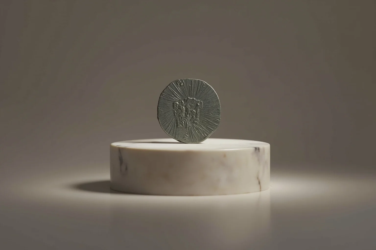 Minimalist illustration of a single classical Roman coin isolated on a marble pedestal with soft studio lighting