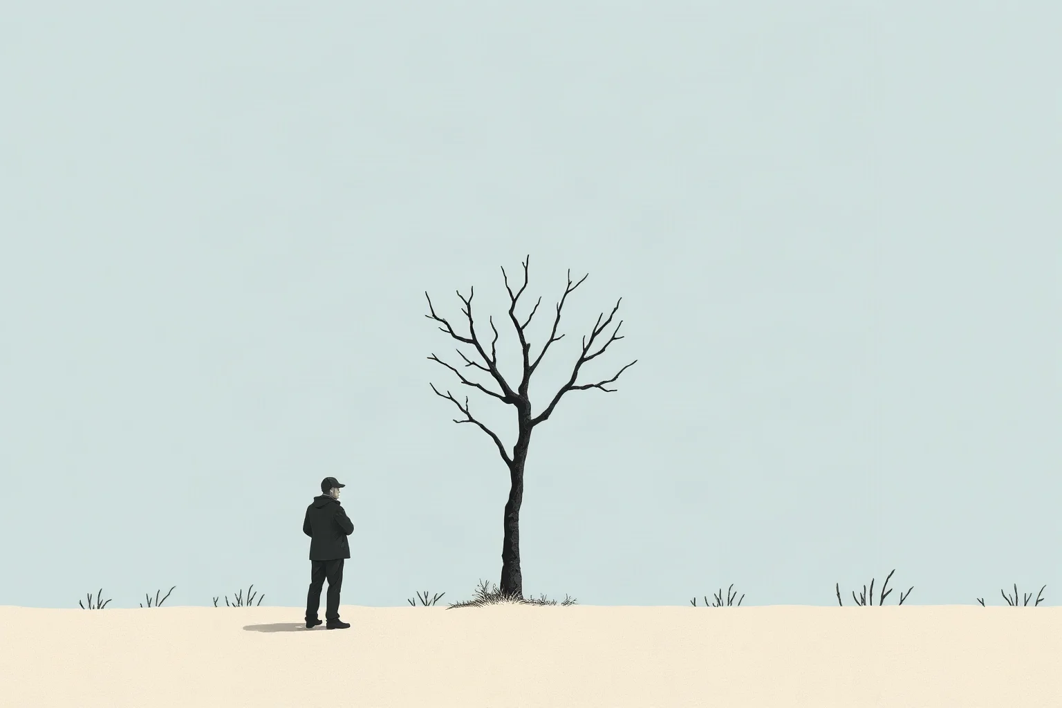 Minimalist illustration of two figures waiting beside a single bare tree on an empty road, evoking Waiting for Godot