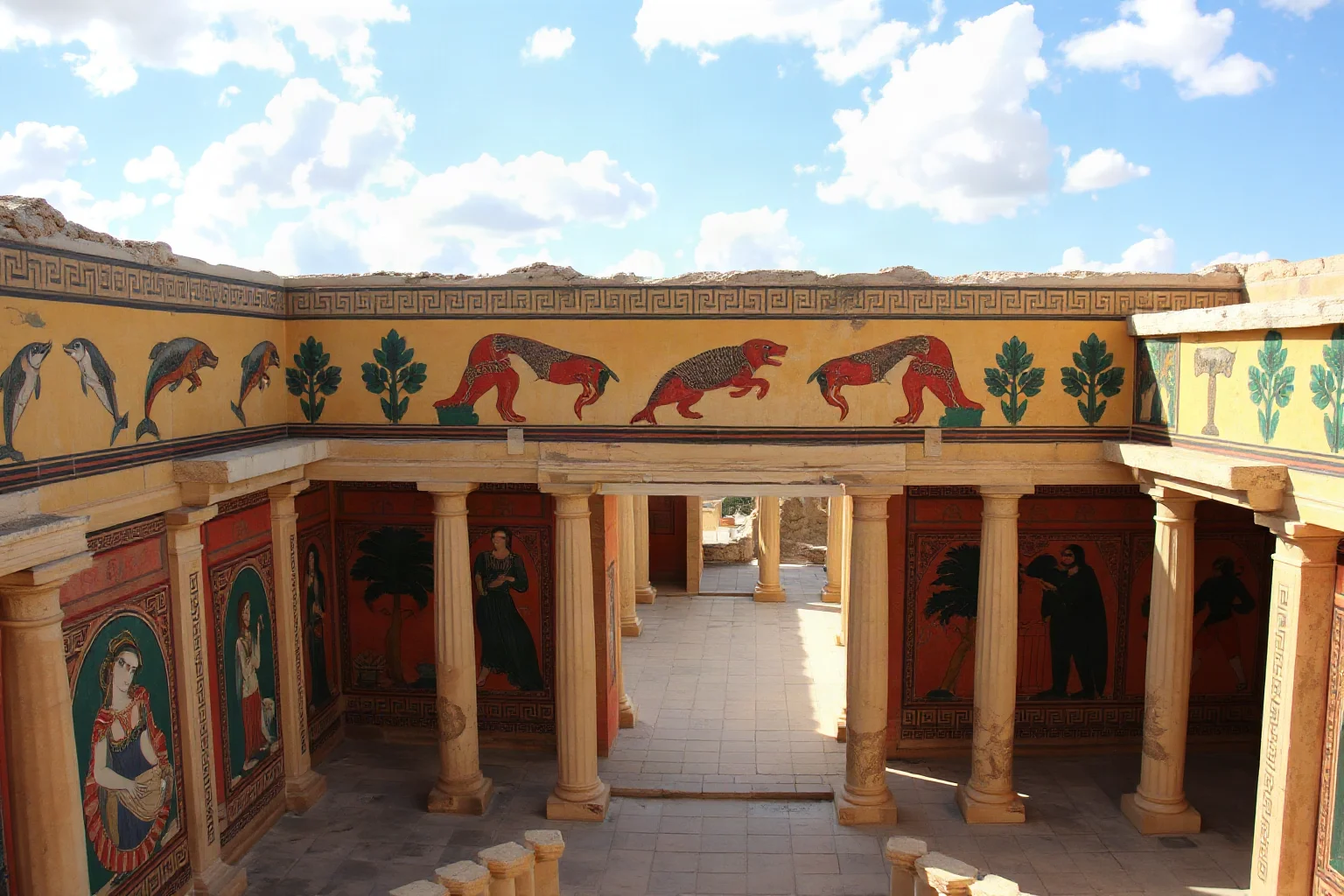 Minoan palace complex at Knossos with vibrant frescoes depicting dolphins, nature scenes, and palace corridors with columns