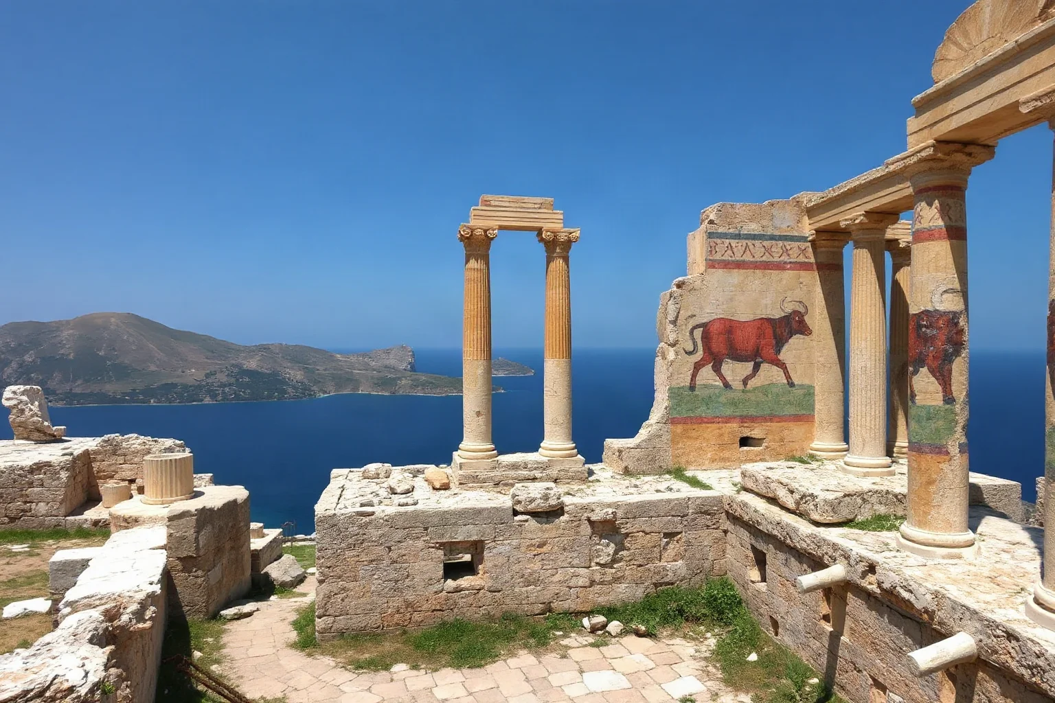 Minoan palace ruins with colorful frescoes of bulls and Aegean sea in the background