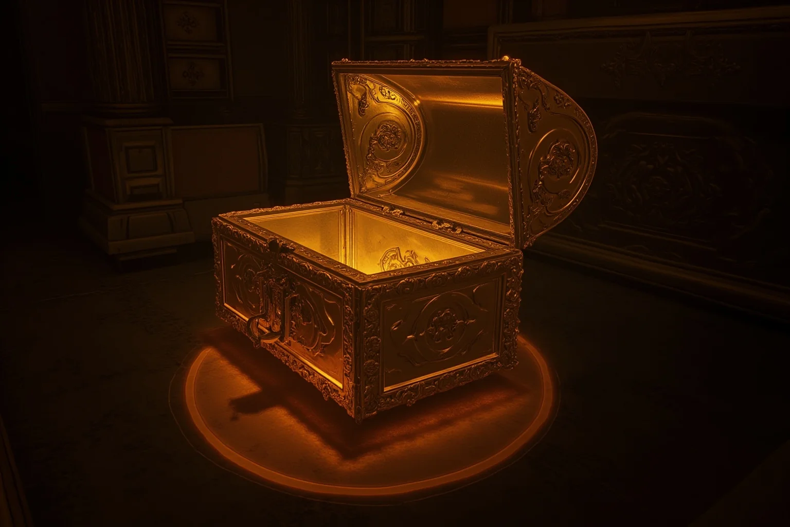Missing Legendary Treasures That Are Yet to Be Found 2 An ornate golden chest with carved cherubim figures, glowing faintly in a dim ancient temple chamber