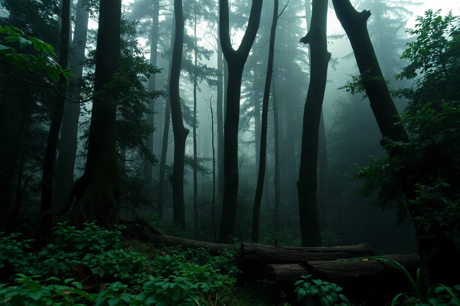 Misty dense forest clearing with hidden makeshift outlaw camp, medieval England atmosphere