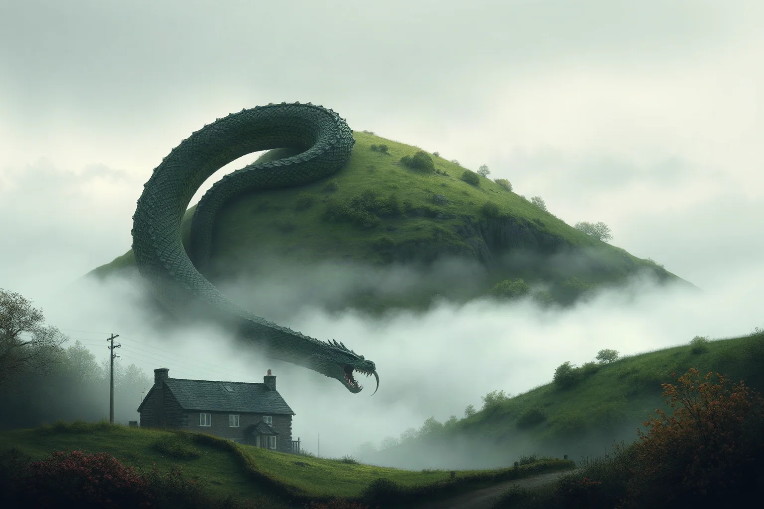 Misty English countryside hill with a giant serpent coiled around it, folklore illustration style