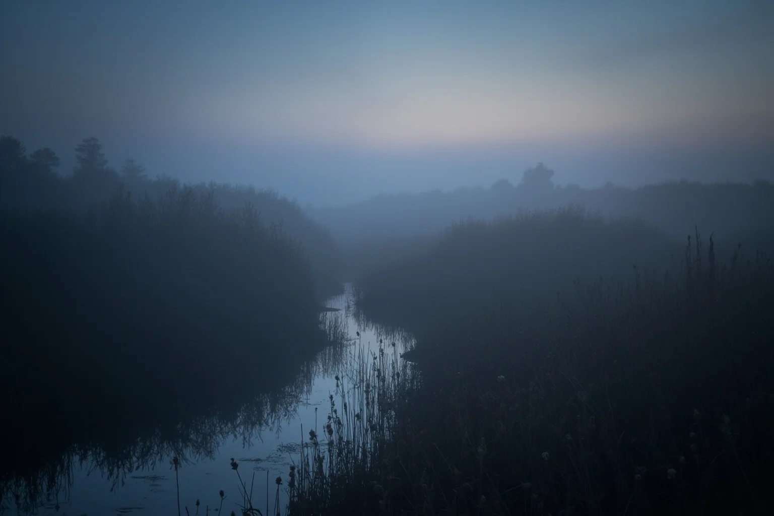 Misty Northern European peat bog landscape at dusk with reeds and still water, moody historical atmosphere
