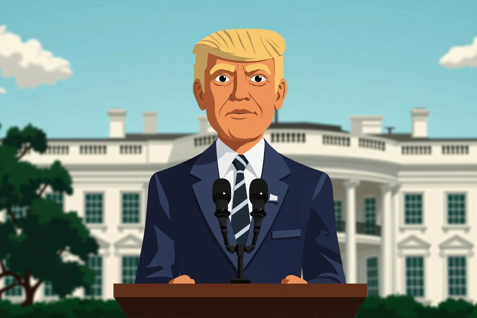Modern American president at a podium in front of the White House, illustration style, non-photorealistic