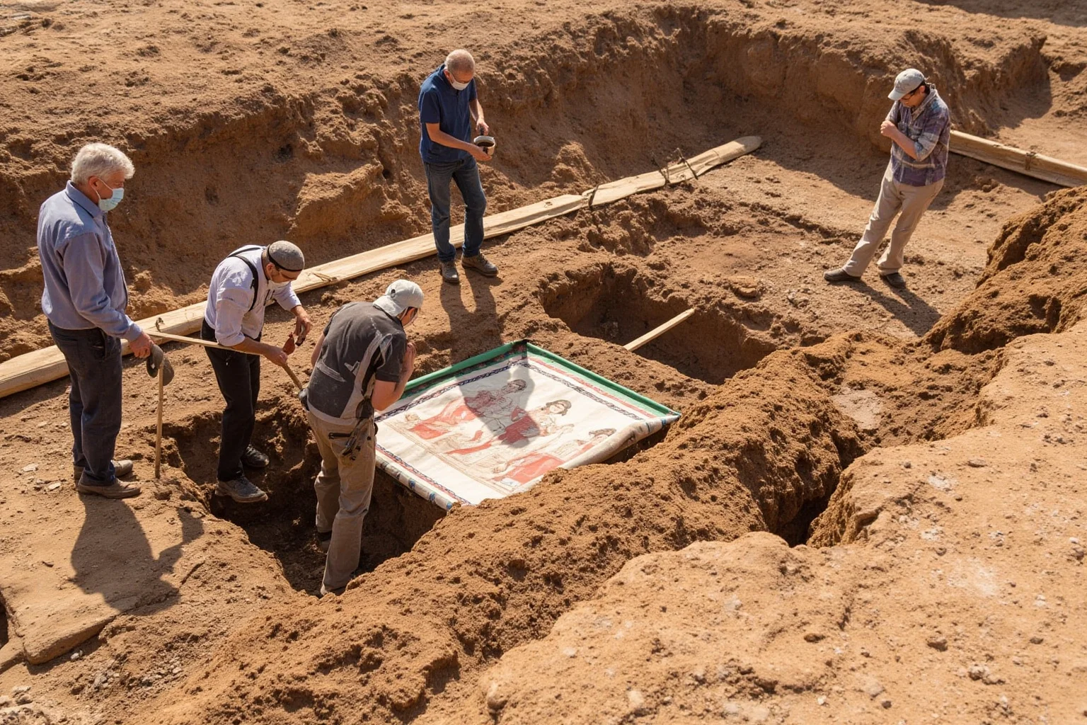 Modern archaeologists carefully excavating a newly uncovered fresco at a Roman dig site