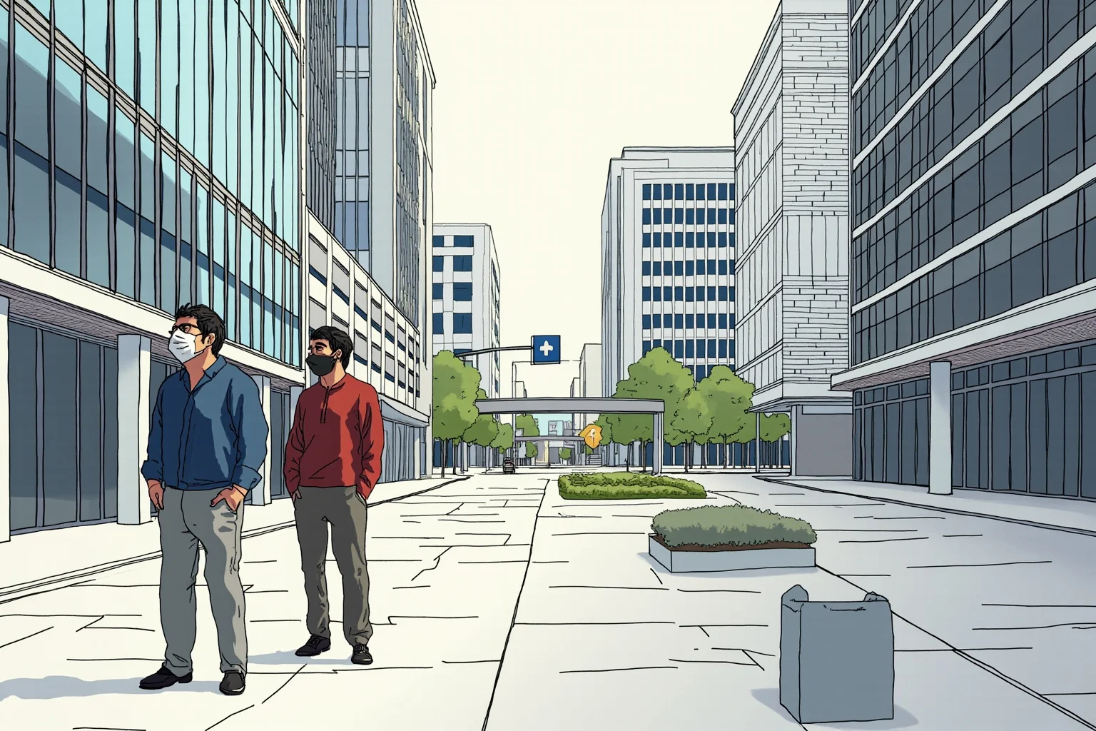 20 Deadliest Plagues That Shaped Human History 21 Modern city street with masked pedestrians and a quiet, empty urban plaza, contemporary illustration style