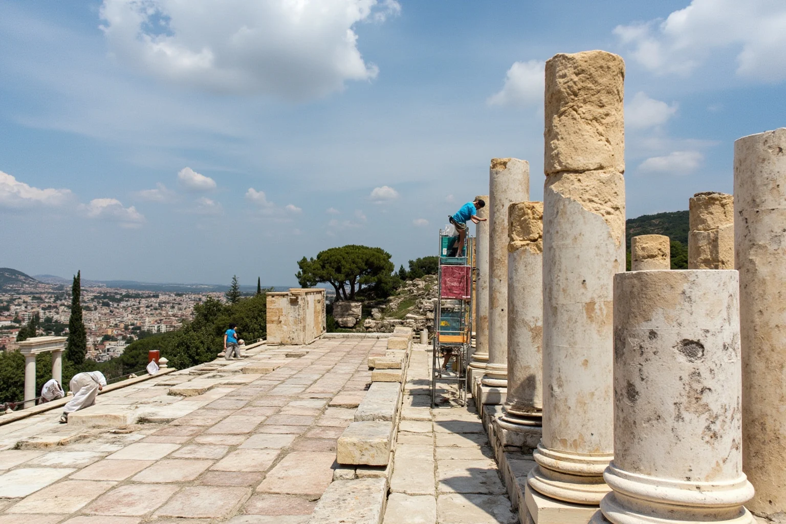 Modern conservators and scaffolding carefully restoring ancient marble columns on a hilltop temple site