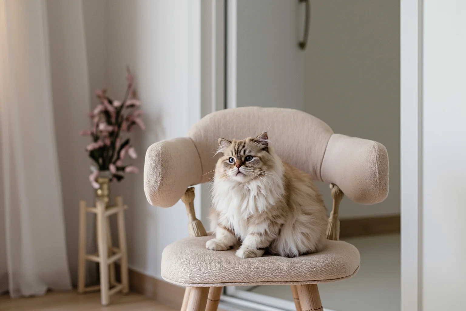 Modern high-fashion minimalist apartment interior with a plush cream-colored cat sitting on a designer chair