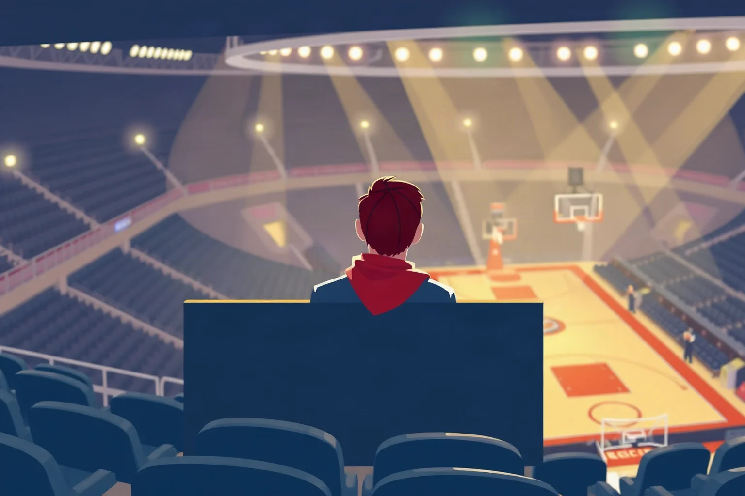 Modern illustration of a basketball team owner in a stadium box overlooking a court