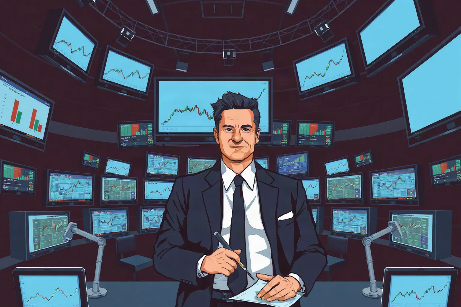 Modern illustration of a media executive in a newsroom filled with financial data screens and tickers