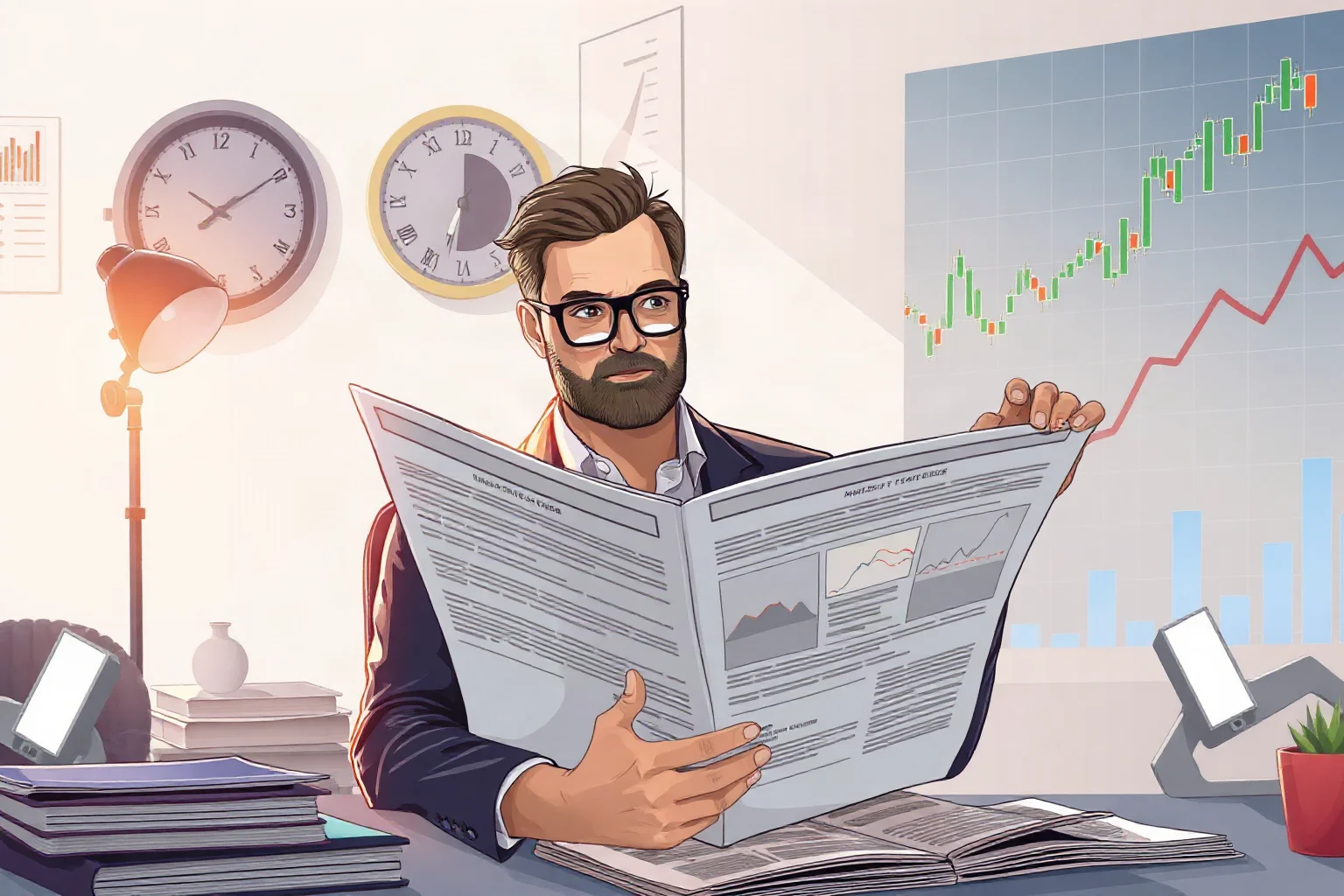 Modern illustration of a modest investor reading a newspaper in a simple home office, contrasted with rising stock charts
