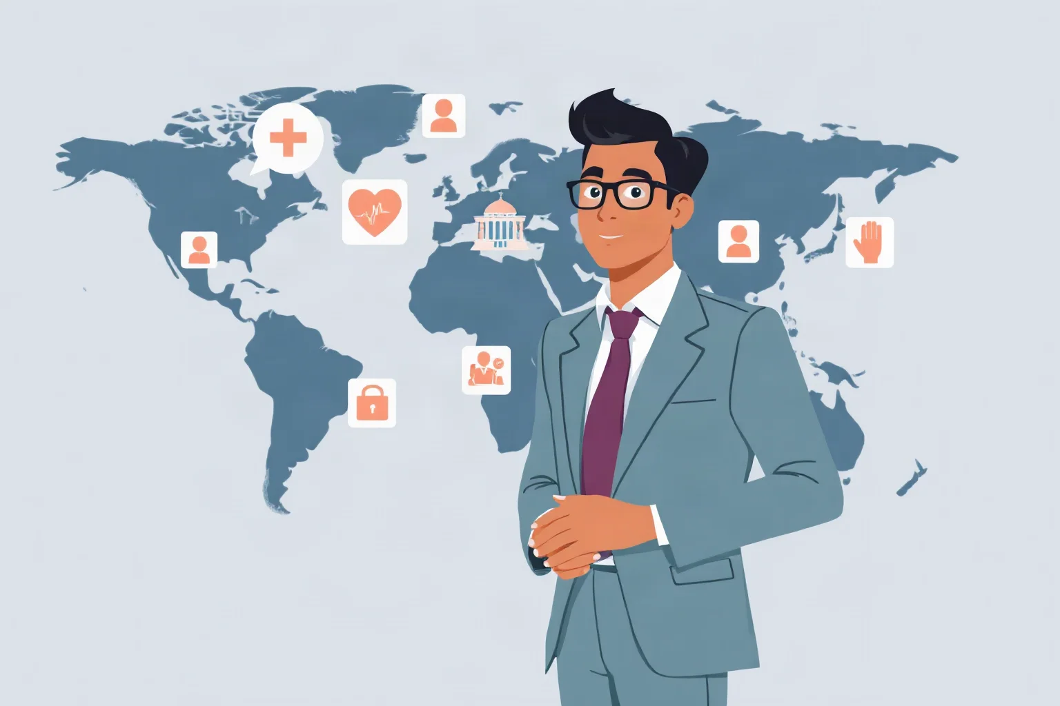 Modern illustration of a philanthropist-executive standing before a world map dotted with health and education icons