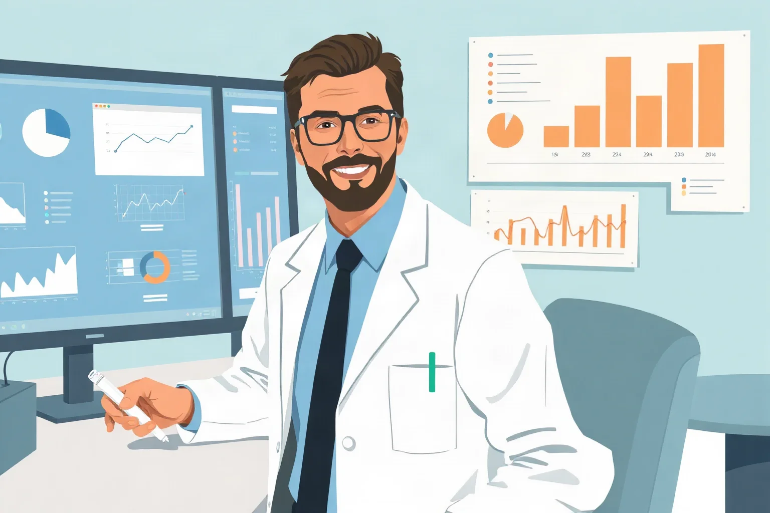 Modern illustration of a researcher-entrepreneur in a lab coat beside computer screens and scientific charts