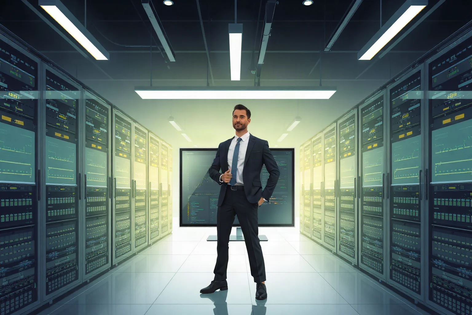 Modern illustration of a software executive standing before rows of server racks and database screens