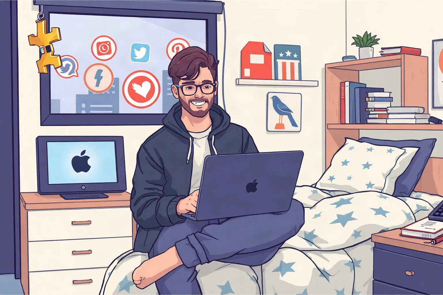 Modern illustration of a young tech founder in a college dorm room with a laptop and social network icons