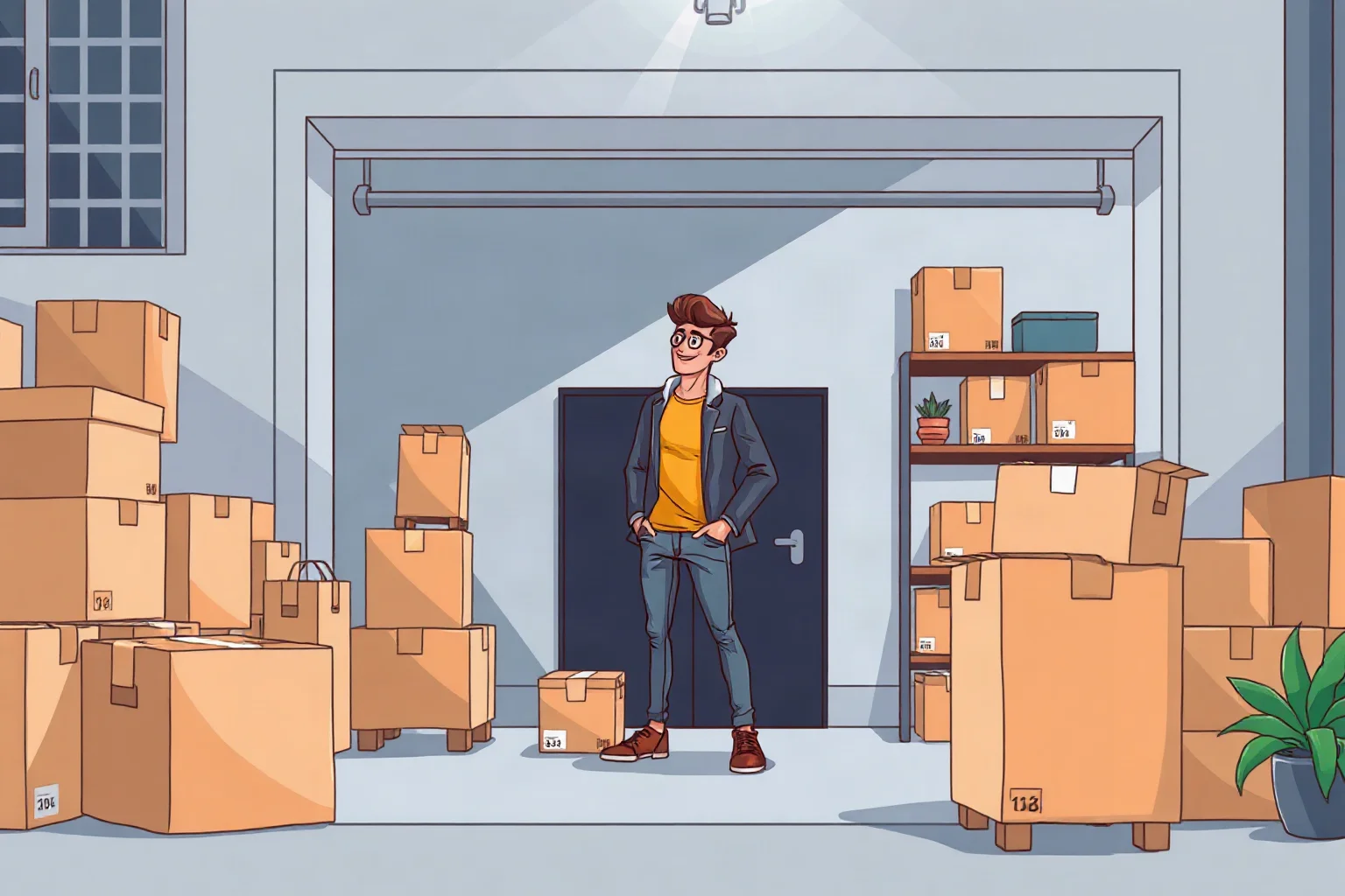 Modern illustration of an entrepreneur in a garage office with boxes, symbolizing an e-commerce startup