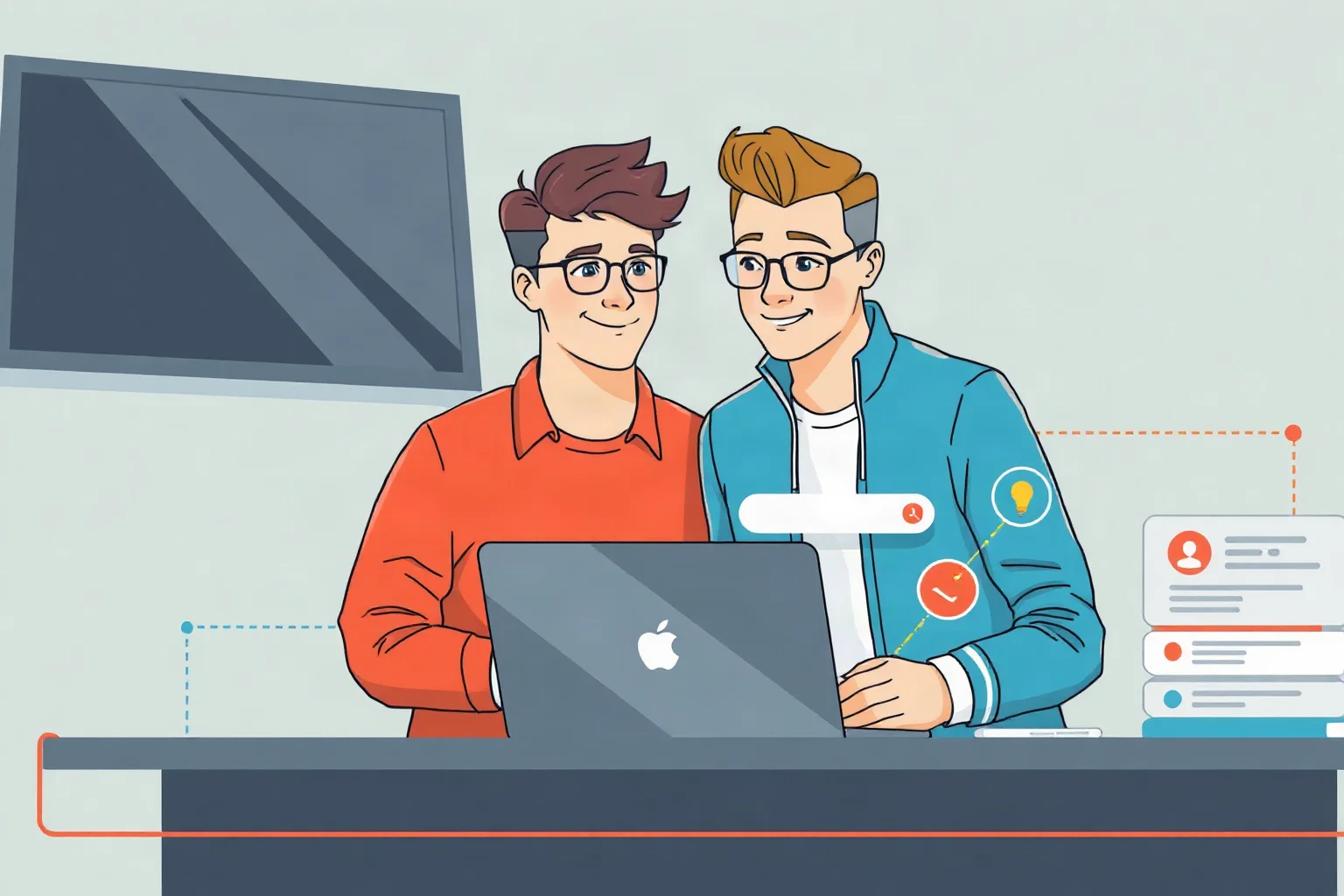 Modern illustration of two young co-founders working together at a desk with search engine interface icons