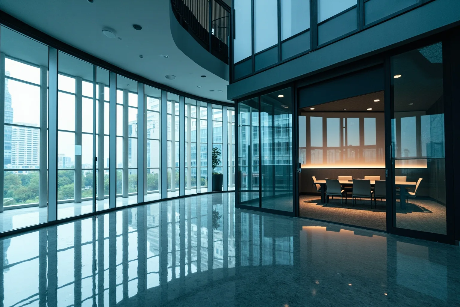 Modern Indian tech office building with glass facade and empty conference room, corporate setting