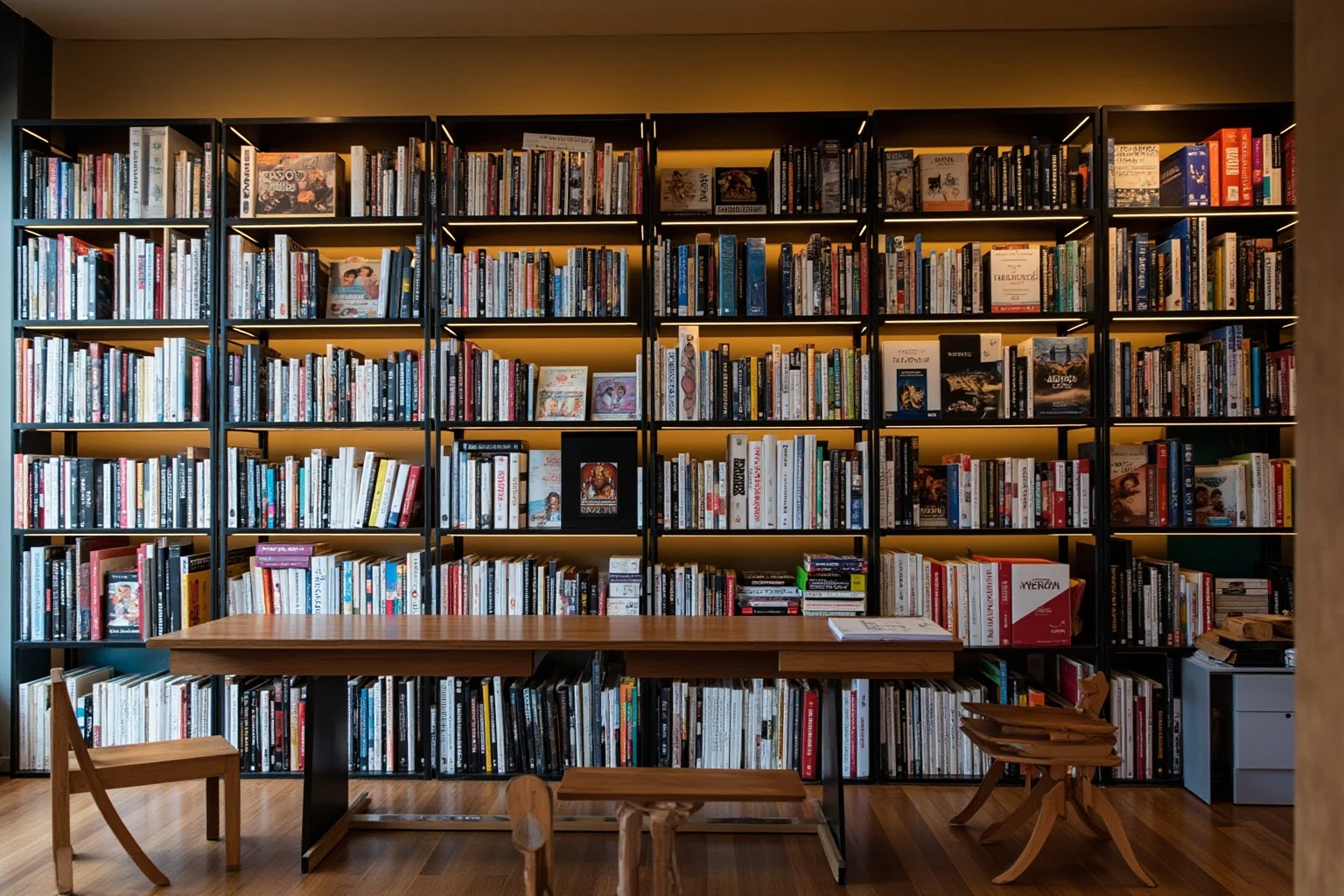Modern library shelf with countless books, films, and games inspired by Homer's epics displayed together