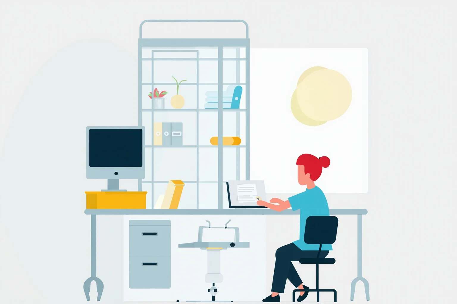Modern medical illustration concept showing a calm clinical setting with a red-haired patient icon
