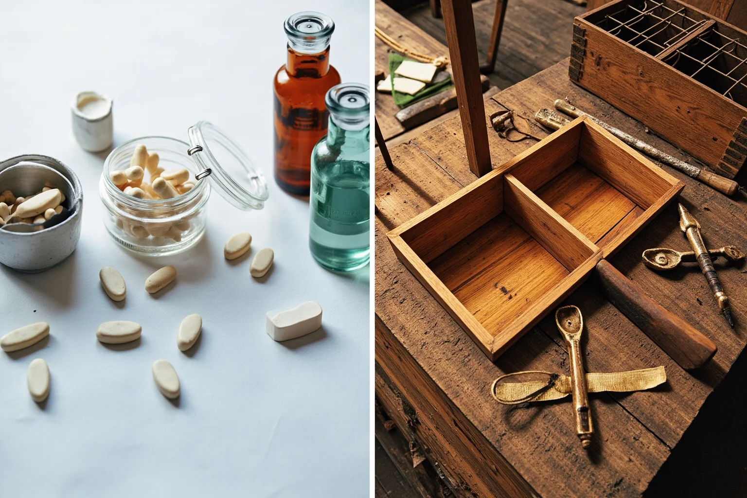 Modern medical setting showing antibiotic medications and treatment equipment, contrasted with medieval medical implements