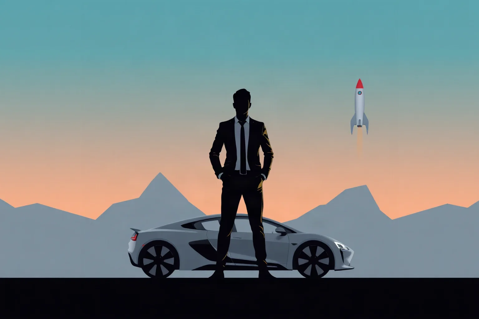 Modern minimalist illustration of a tech entrepreneur standing before a rocket and an electric car silhouette