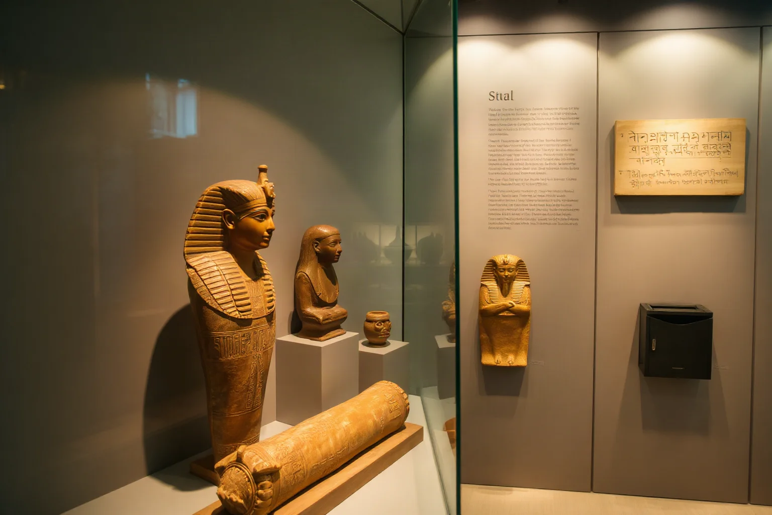 Modern museum display case showing ancient Egyptian artifacts and inscriptions under soft lighting